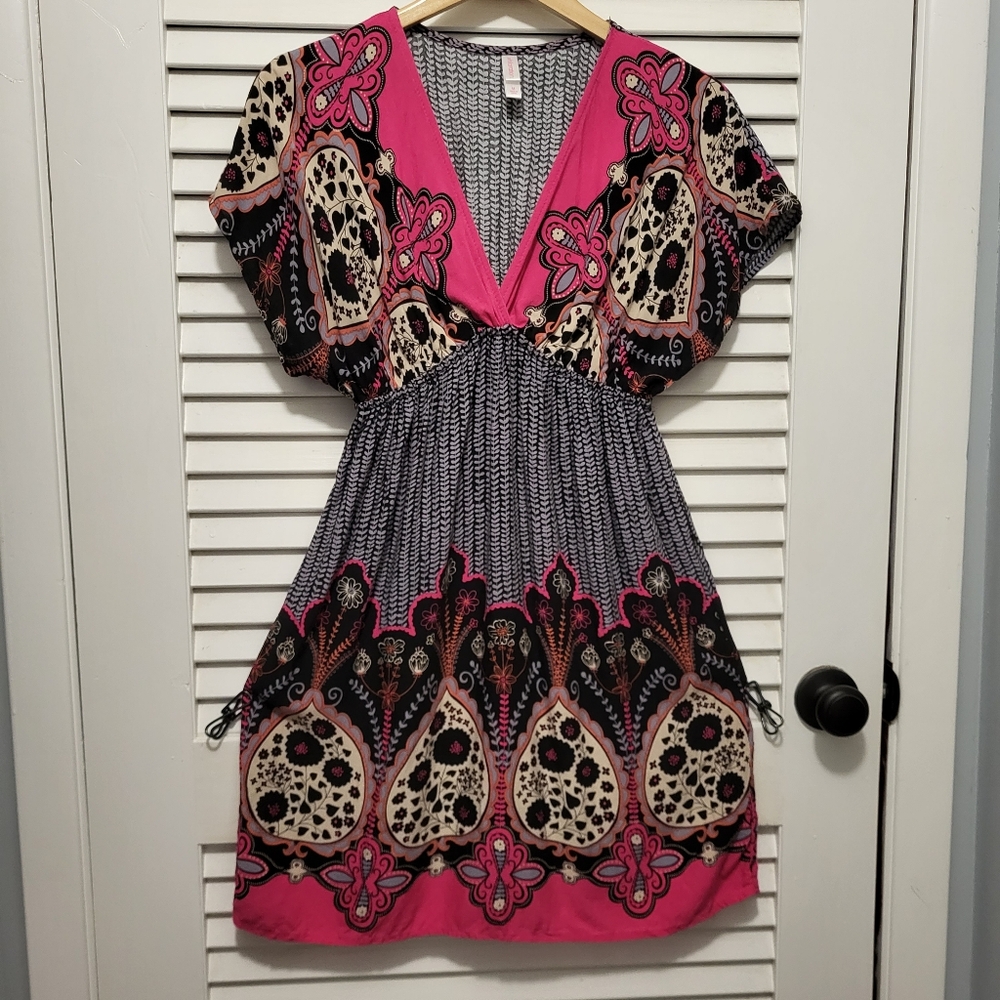 Women's Dress Medium Bohemian Pink & Black Paisley Boho